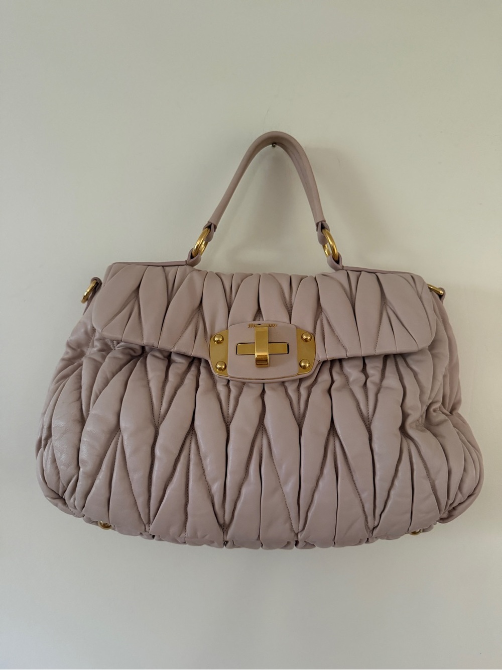 Miu Miu Quilted Pattina Leather Shoulder Bag in Cipria with Gold Hardware